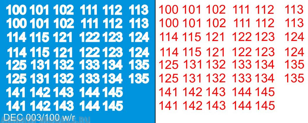 DEC003/100 Номера на немецкую технику масштаб 1/100 с 100 по 400. Цвет – белый контур + красный центр